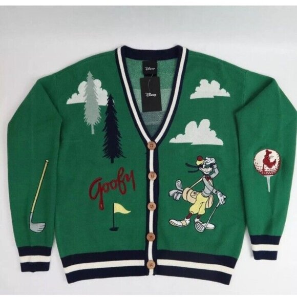 Disney Goofy Golf Cardigan XL Green Knit Embroidered Sweater Sweatshirt Patch - Picture 6 of 10